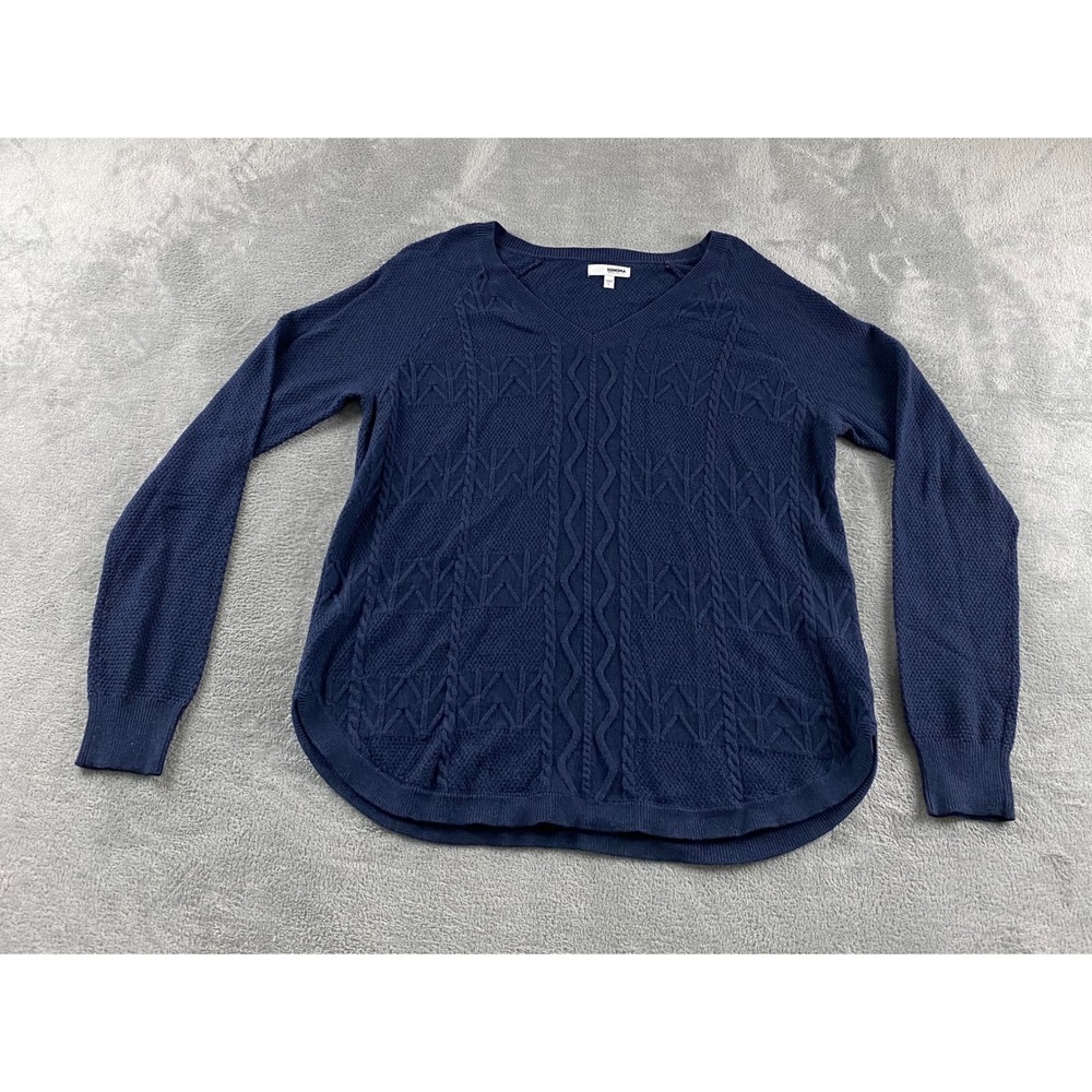 Sonoma Goods for Life Womens Navy Blue Cable Knit V-Neck Sweater Size L